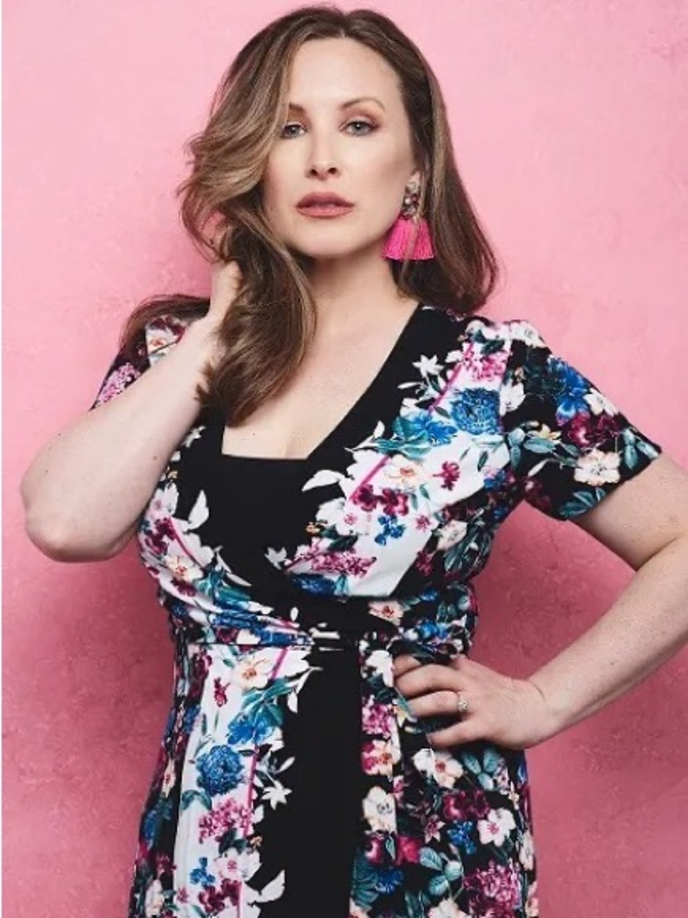 Guess Floral Midi Wrap Dress in Black, White, Pink & Blue